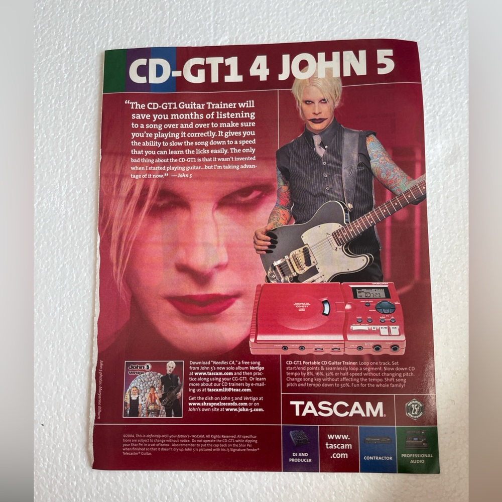 TASCAM CD-GT1 Guitar Trainer Ad pinup with John 5